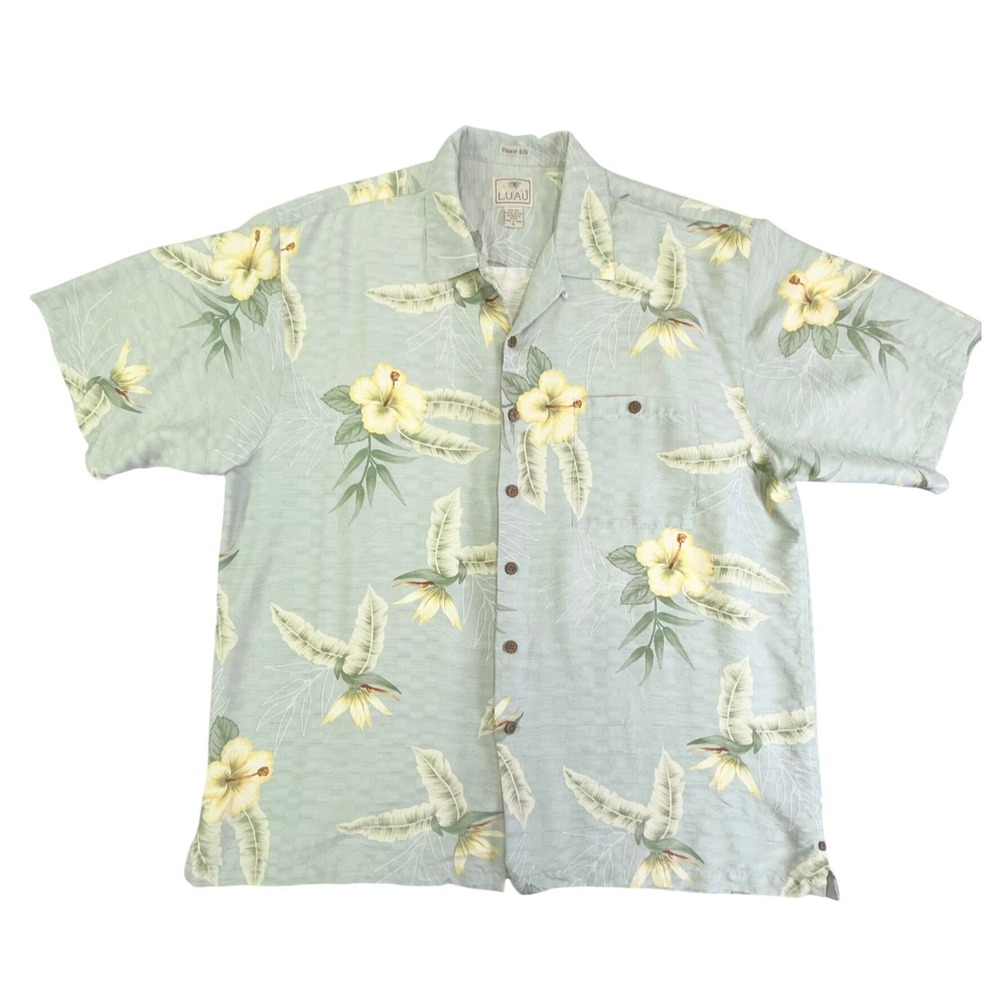 Luau Shirt Mens XL Green Silk Tropical Floral Hibiscus Aloha Button Down Shirt